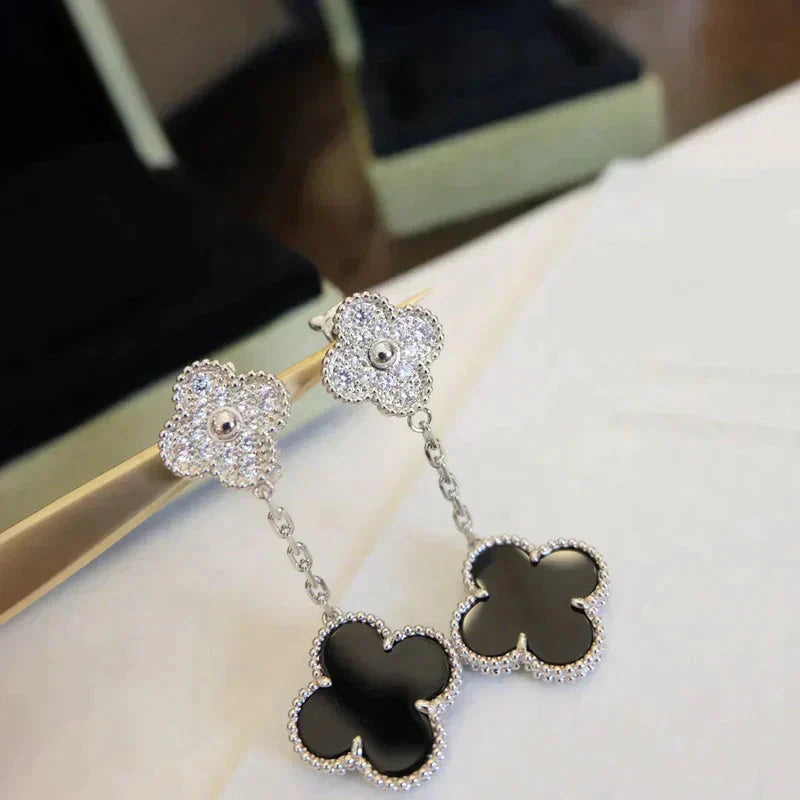 [Glow Muse]CLOVER 2 MOTIFS  DIAMOND ONYX EARRINGS SILVER