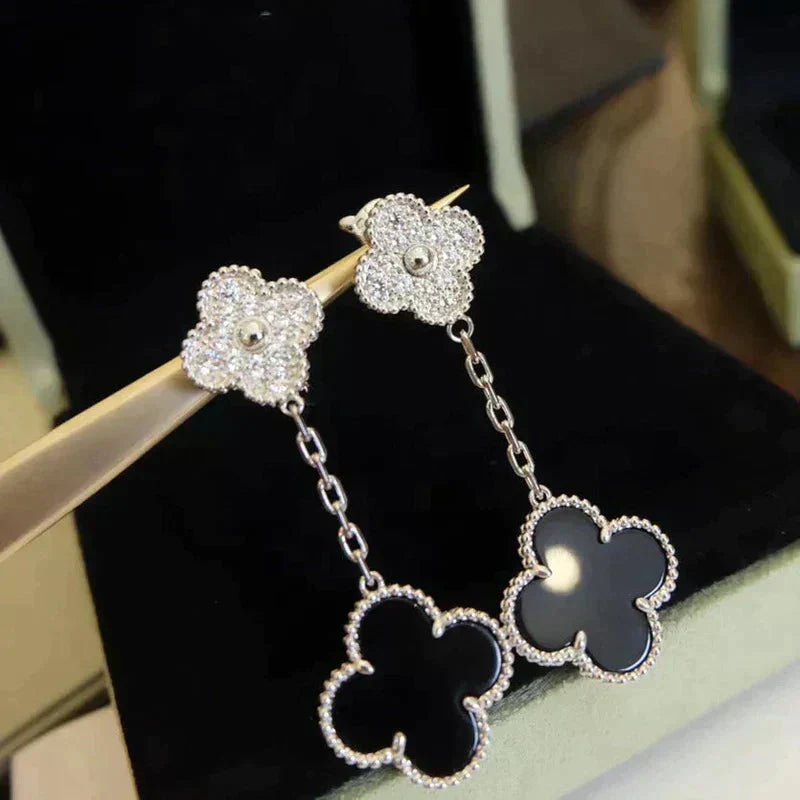 [Glow Muse]CLOVER 2 MOTIFS  DIAMOND ONYX EARRINGS SILVER