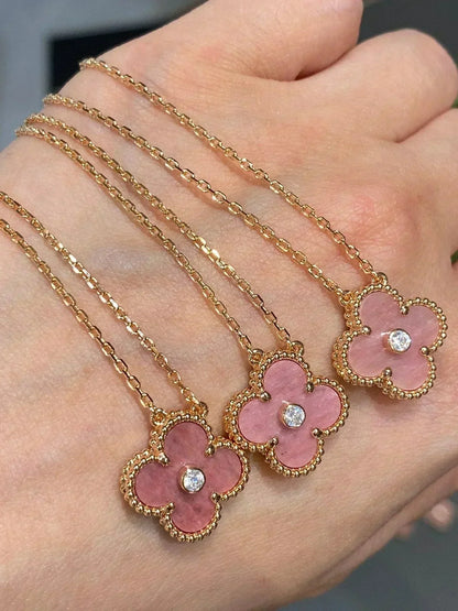 [Glow Muse]CLOVER 15MM DIAMOND RHODONITE NECKLACE