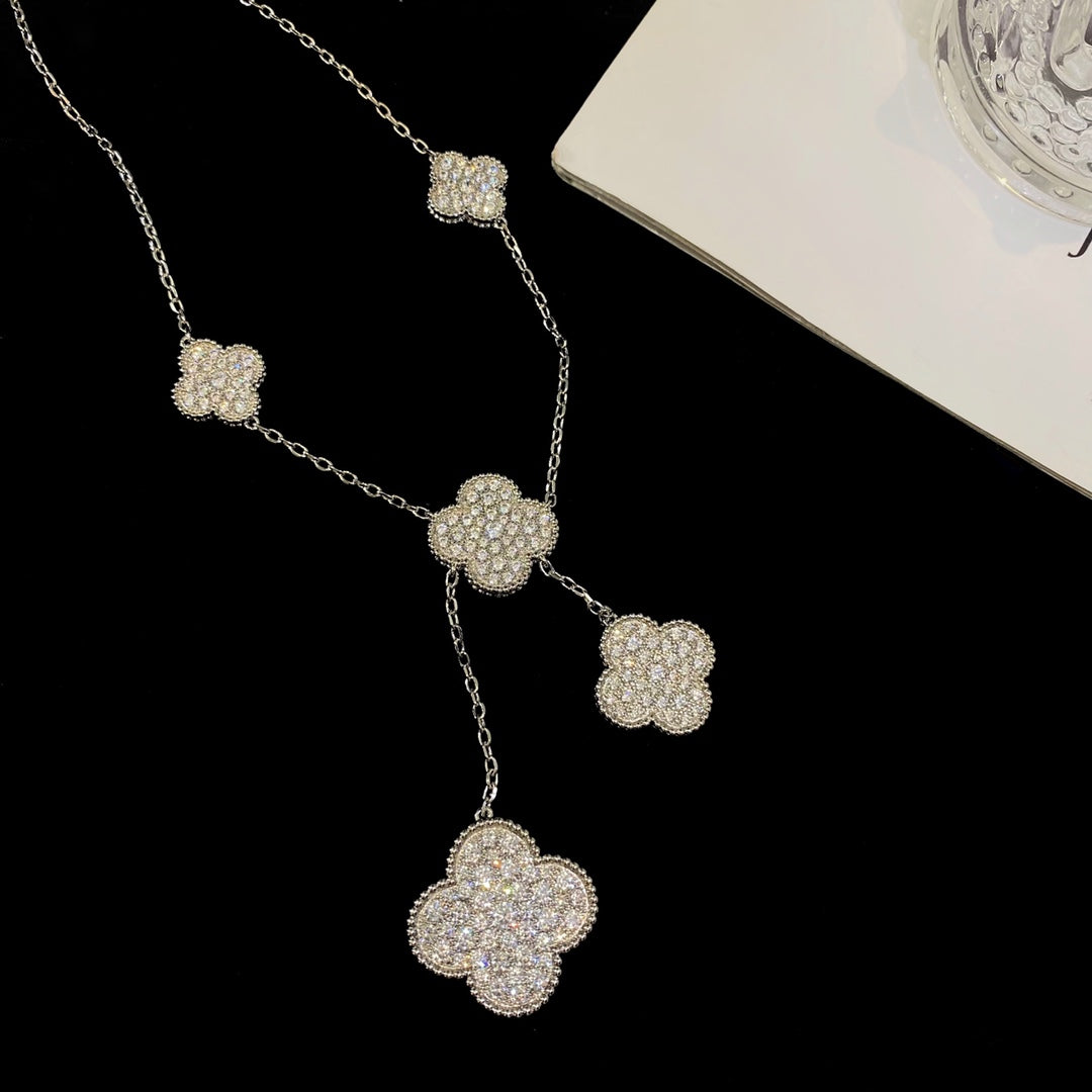[Glow Muse]CLOVER 5 MOTIFS SILVER DIAMONDS NECKLACE