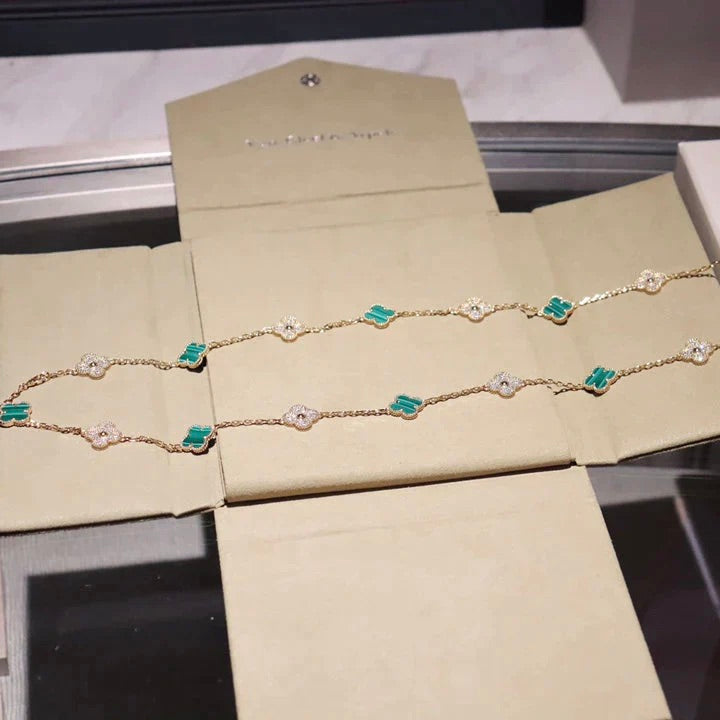 [Glow Muse]CLOVER 20 MOTIFS MALACHITE DIAMOND NECKLACE