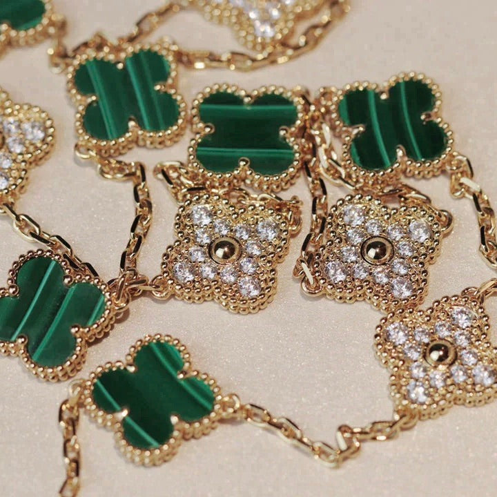 [Glow Muse]CLOVER 20 MOTIFS MALACHITE DIAMOND NECKLACE
