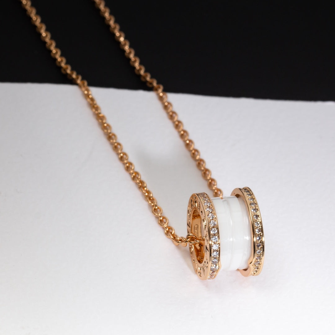[Glow Muse]ZERO 1 WHITE CERAMIC PINK GOLD DIAMOND NECKLACE