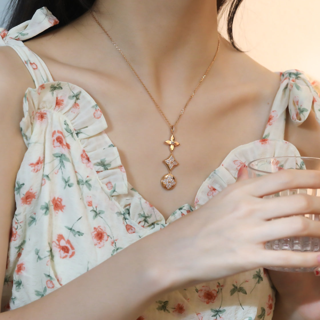 [Glow Muse]STAR AND SUN DIAMOND PINK GOLD NECKLACE