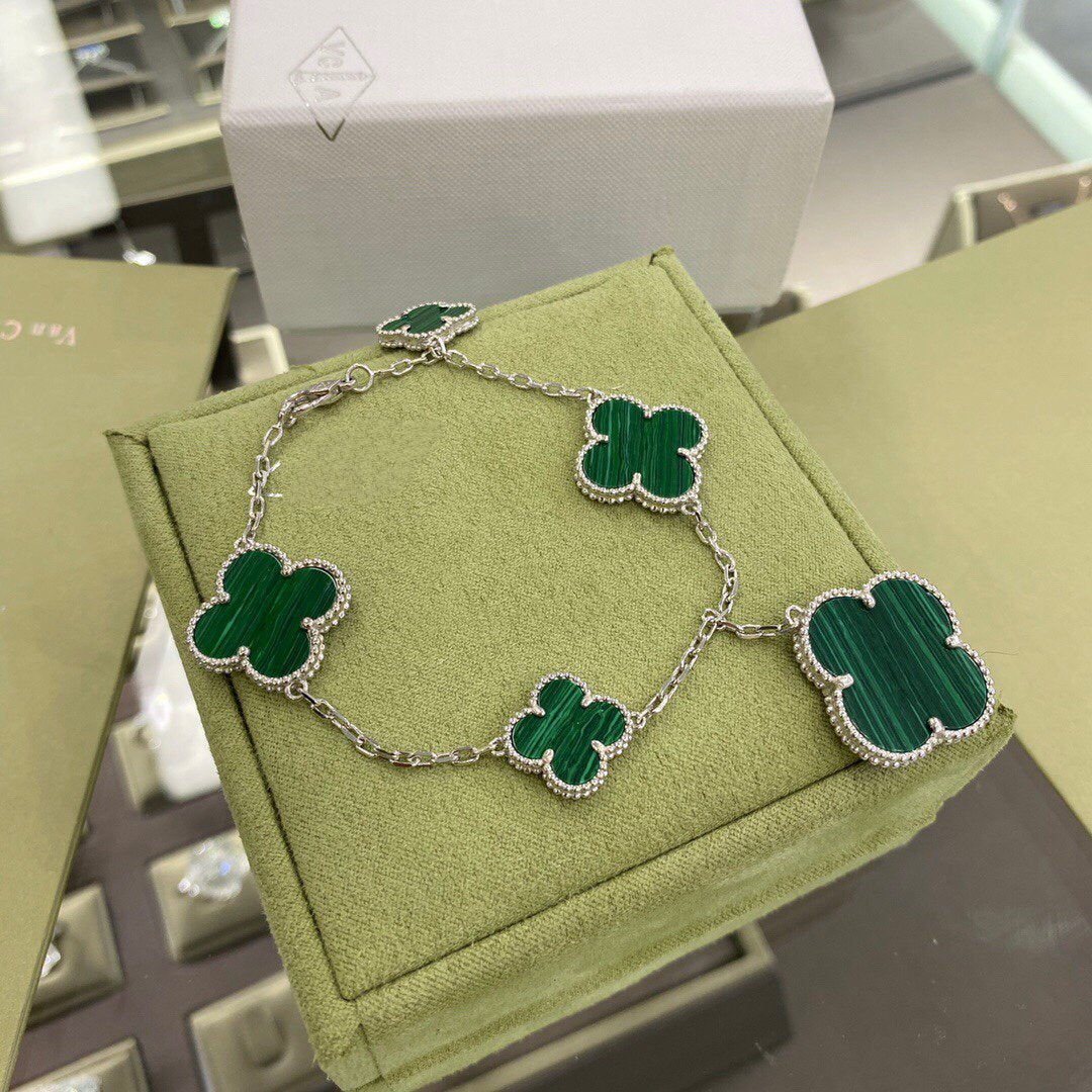 [Glow Muse]CLOVER 5 MOTIFS SIVLER MALACHITE BRACELET