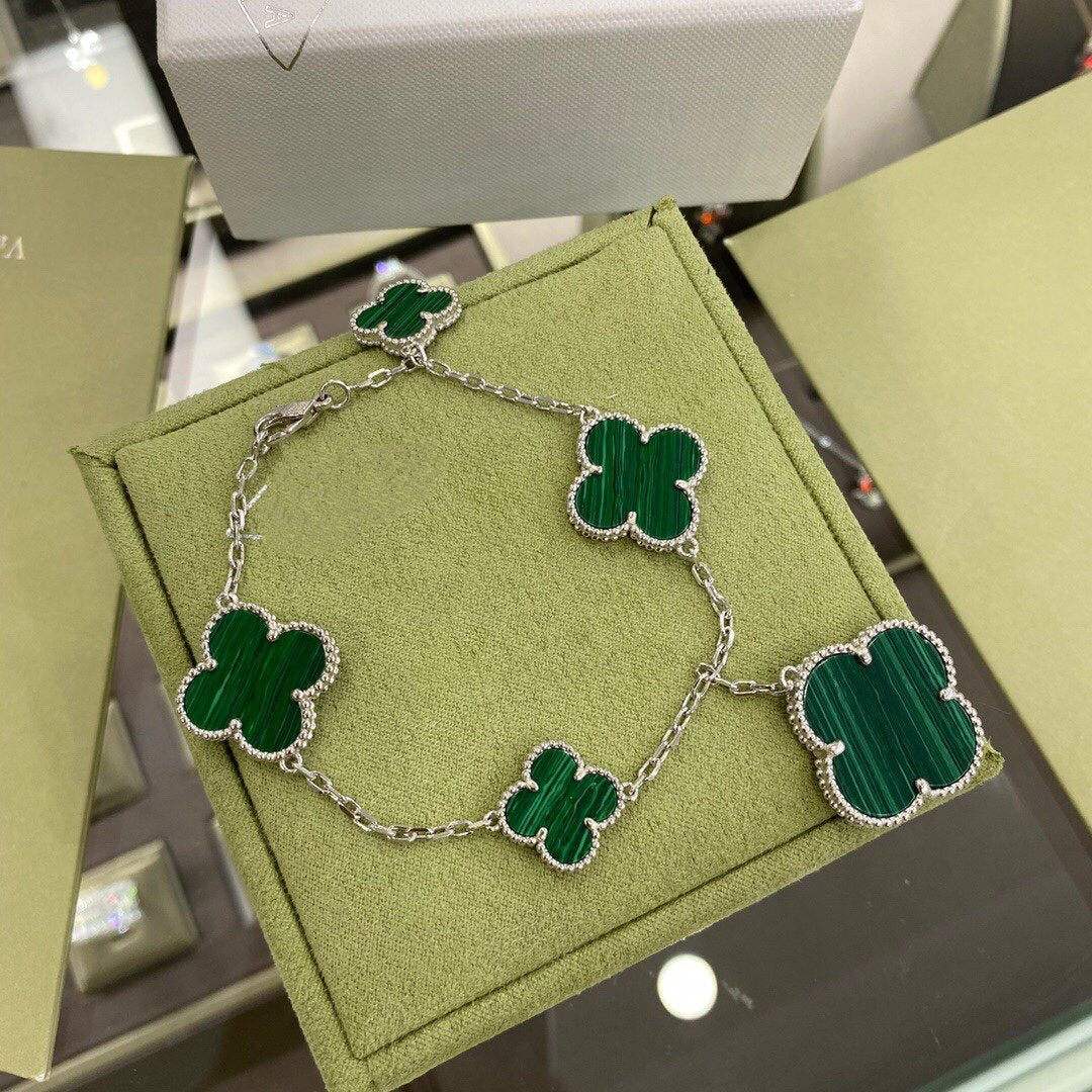[Glow Muse]CLOVER 5 MOTIFS SIVLER MALACHITE BRACELET