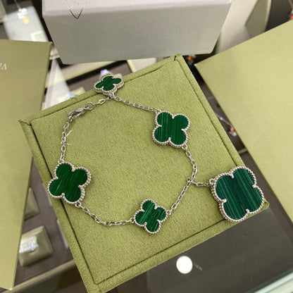 [Glow Muse]CLOVER 5 MOTIFS SIVLER MALACHITE BRACELET