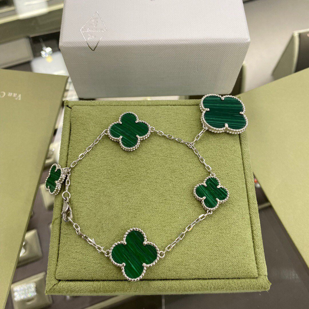 [Glow Muse]CLOVER 5 MOTIFS SIVLER MALACHITE BRACELET