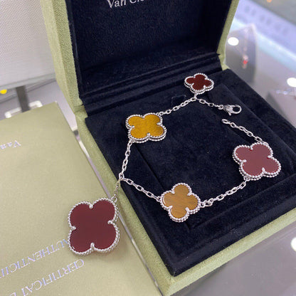 [Glow Muse]CLOVER 5 MOTIFS SIVLER CARNELIAN TIGER EYE BRACELET