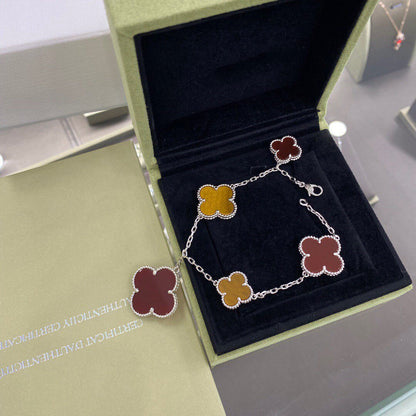 [Glow Muse]CLOVER 5 MOTIFS SIVLER CARNELIAN TIGER EYE BRACELET