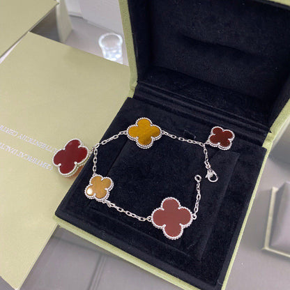 [Glow Muse]CLOVER 5 MOTIFS SIVLER CARNELIAN TIGER EYE BRACELET