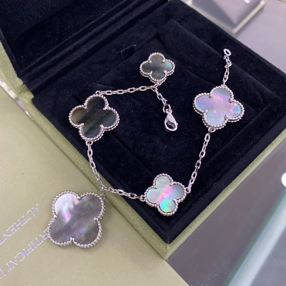 [Glow Muse]CLOVER 5 MOTIFS SIVLER DARK MOP BRACELET