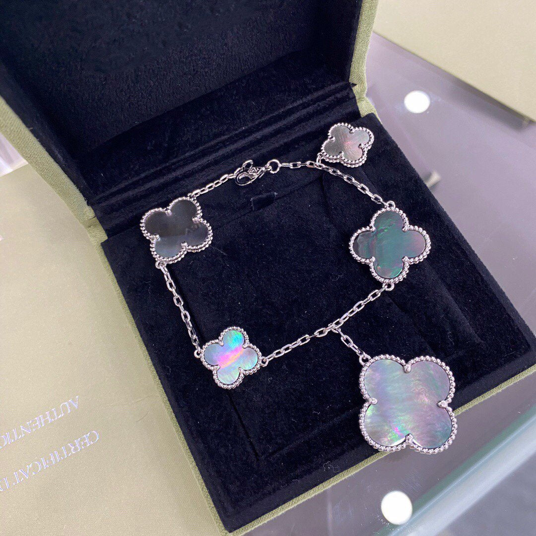 [Glow Muse]CLOVER 5 MOTIFS SIVLER DARK MOP BRACELET
