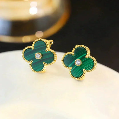 [Glow Muse]CLOVER MEDIUM 1 MOTIFS MALACHITE DIAMOND EARRINGS