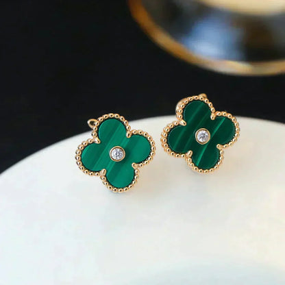 [Glow Muse]CLOVER MEDIUM 1 MOTIFS MALACHITE DIAMOND EARRINGS