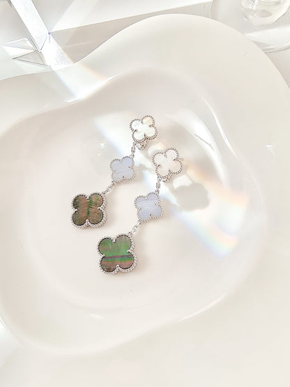 [Glow Muse]CLOVER 3 MOTIFS CHALCEDONY DARK MOP SILVER EARRINGS