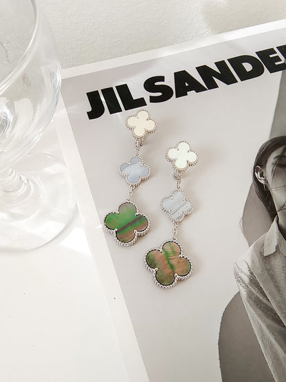 [Glow Muse]CLOVER 3 MOTIFS CHALCEDONY DARK MOP SILVER EARRINGS