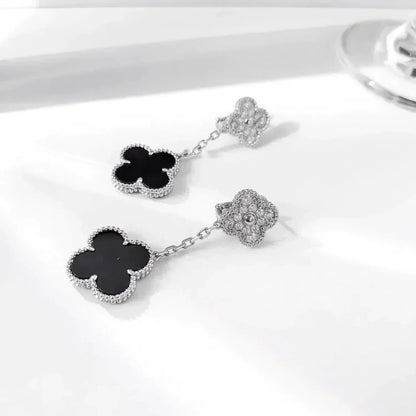 [Glow Muse]CLOVER 2 MOTIFS  DIAMOND ONYX EARRINGS SILVER