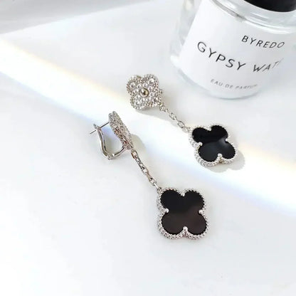 [Glow Muse]CLOVER 2 MOTIFS  DIAMOND ONYX EARRINGS SILVER