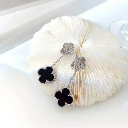 [Glow Muse]CLOVER 2 MOTIFS  DIAMOND ONYX EARRINGS SILVER