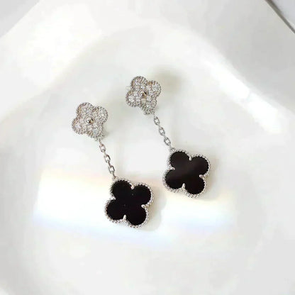 [Glow Muse]CLOVER 2 MOTIFS  DIAMOND ONYX EARRINGS SILVER