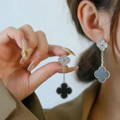[Glow Muse]CLOVER 2 MOTIFS  DIAMOND ONYX EARRINGS SILVER