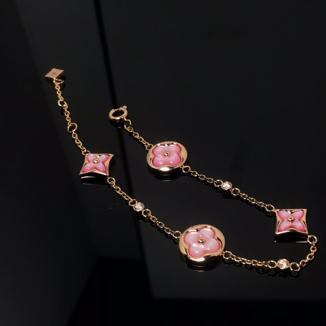 [Glow Muse]STAR AND SUN 4 MOTIF PINK MOP PINK GOLD BRACELET