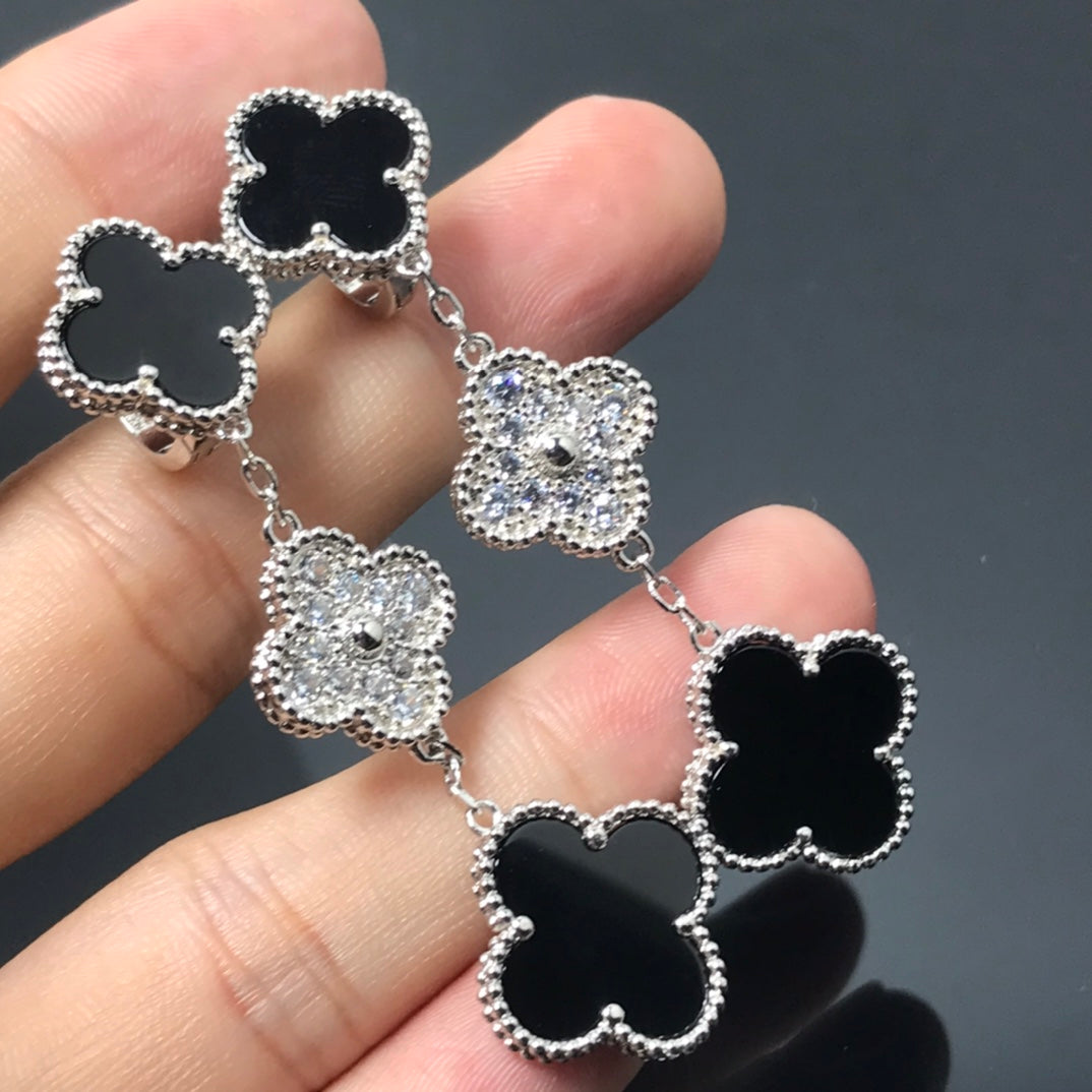 [Glow Muse]CLOVER 3 MOTIF DIAMOND ONYX SILVER EARRINGS