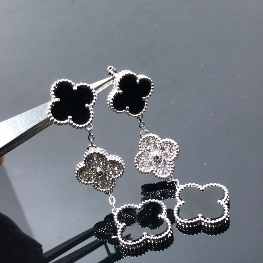 [Glow Muse]CLOVER 3 MOTIF DIAMOND ONYX SILVER EARRINGS