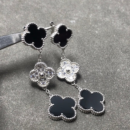 [Glow Muse]CLOVER 3 MOTIF DIAMOND ONYX SILVER EARRINGS