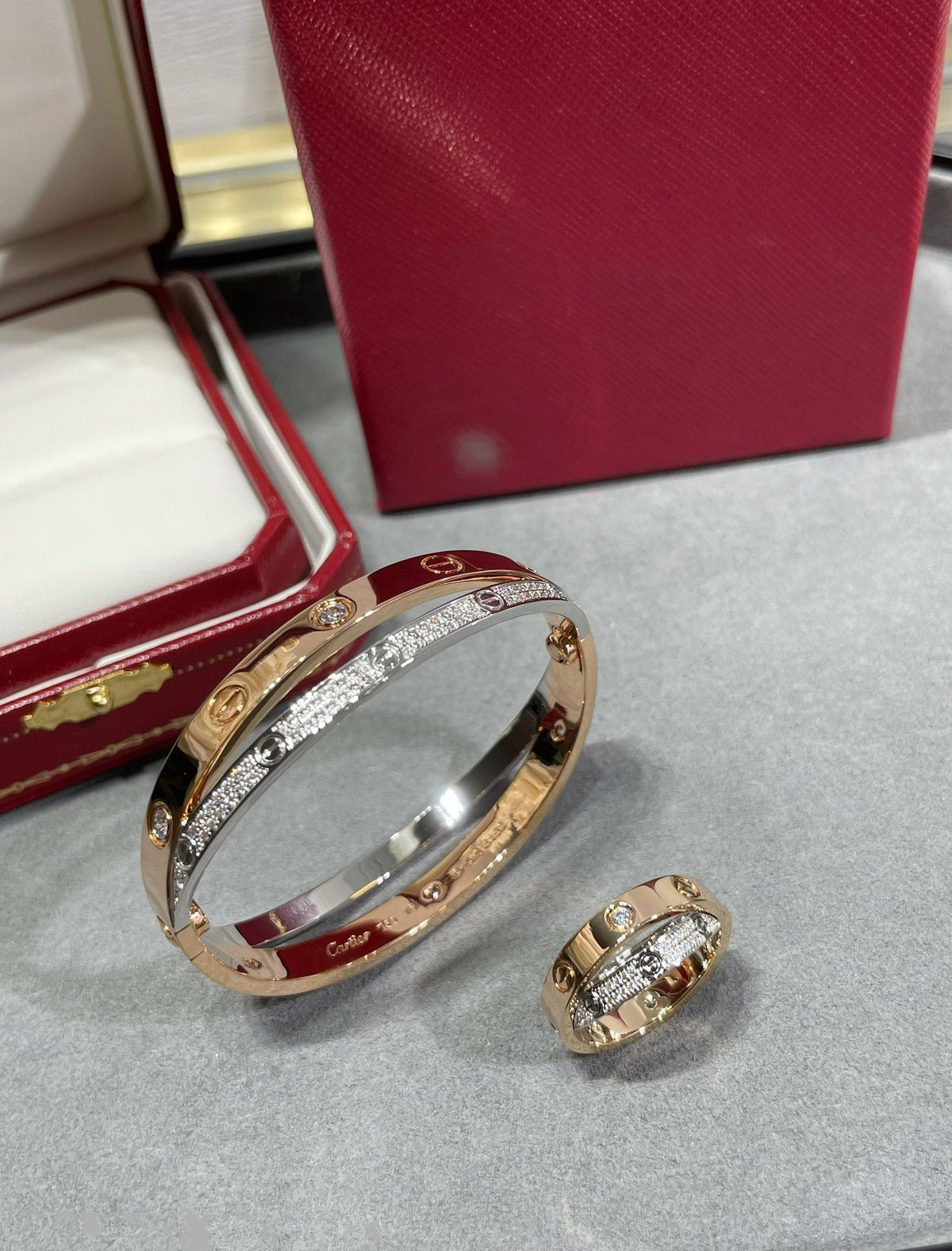 [Glow Muse]LOVE PINK GOLD SILVER DIAMOND DOUBLE RING