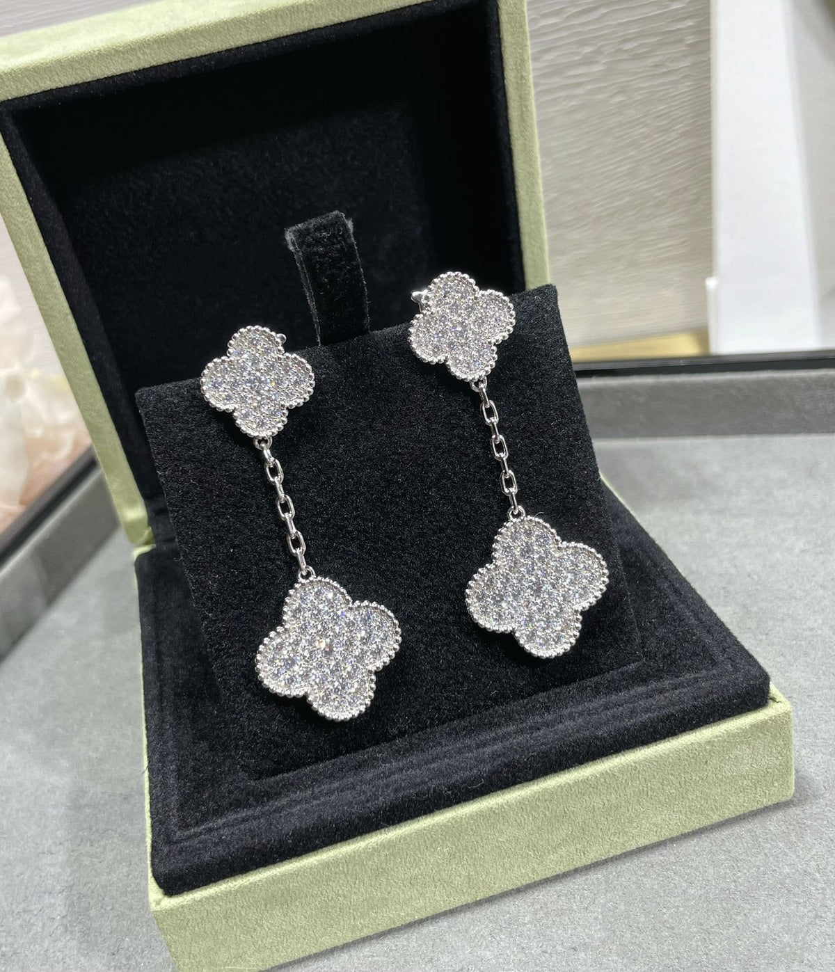 [Glow Muse]CLOVER 2 MOTIFS DIAMOND PAVED SILVER EARRINGS