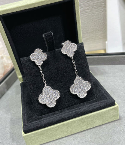 [Glow Muse]CLOVER 2 MOTIFS DIAMOND PAVED SILVER EARRINGS