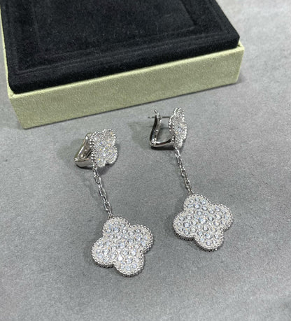 [Glow Muse]CLOVER 2 MOTIFS DIAMOND PAVED SILVER EARRINGS