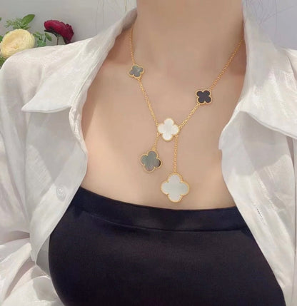 [Glow Muse]CLOVER 6 MOTIF MOP ONYX GOLD NECKLACE