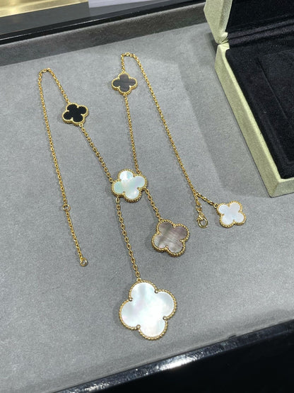 [Glow Muse]CLOVER 6 MOTIF MOP ONYX GOLD NECKLACE