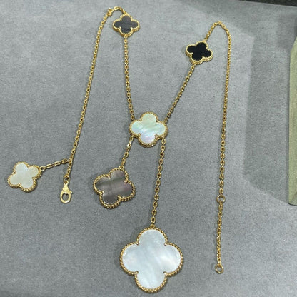 [Glow Muse]CLOVER 6 MOTIF MOP ONYX GOLD NECKLACE