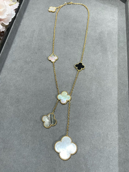 [Glow Muse]CLOVER 6 MOTIF MOP ONYX GOLD NECKLACE
