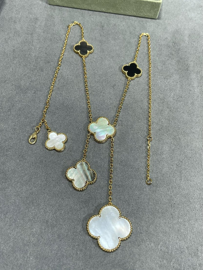 [Glow Muse]CLOVER 6 MOTIF MOP ONYX GOLD NECKLACE