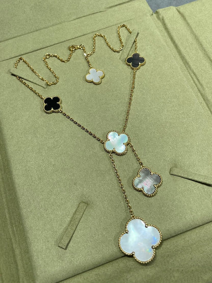 [Glow Muse]CLOVER 6 MOTIF MOP ONYX GOLD NECKLACE