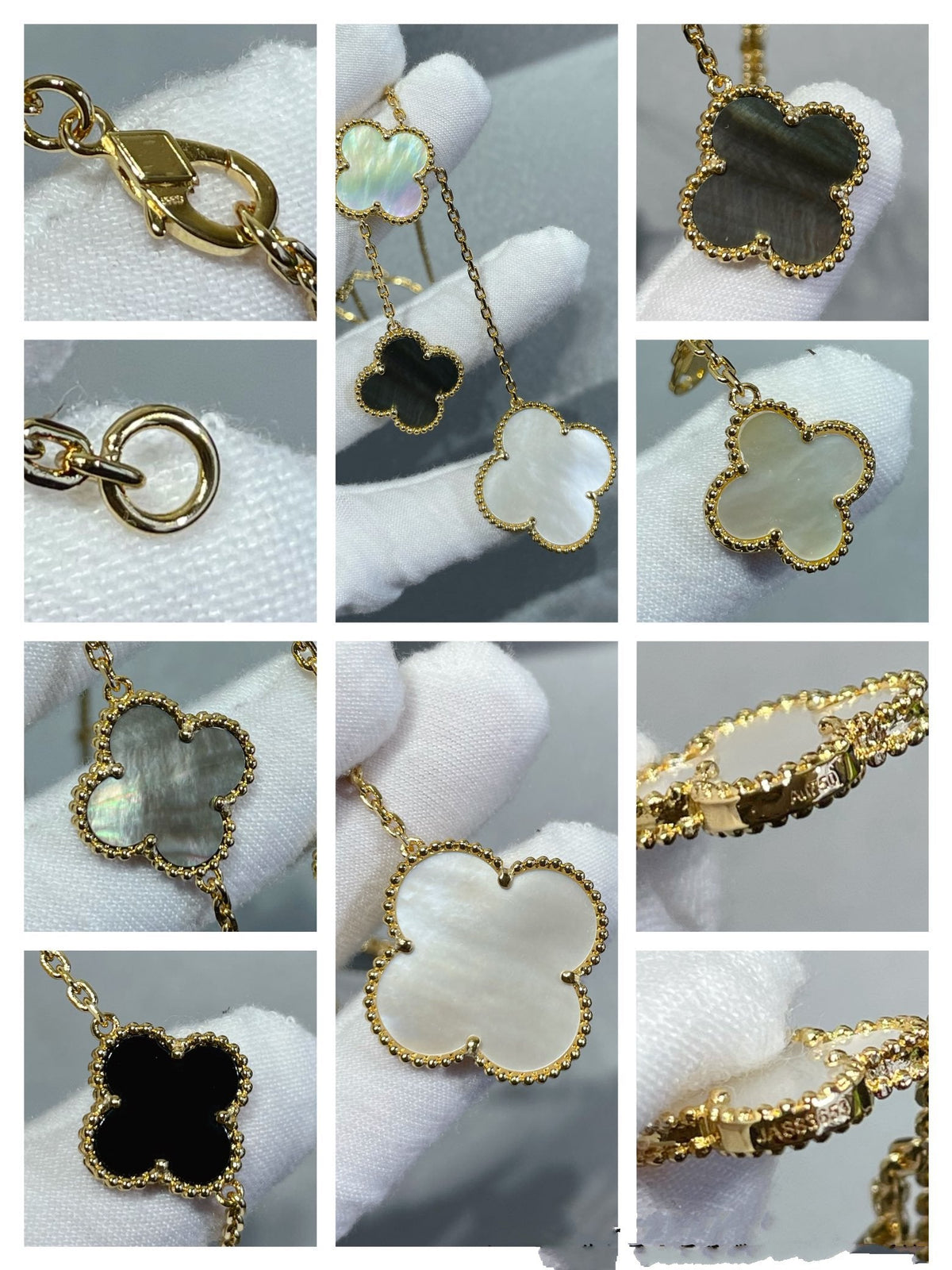 [Glow Muse]CLOVER 6 MOTIF MOP ONYX GOLD NECKLACE