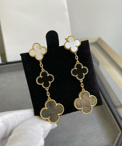 [Glow Muse]CLOVER 3 MOTIF MOP ONYX DARK MOP PINK GOLD EARRINGS