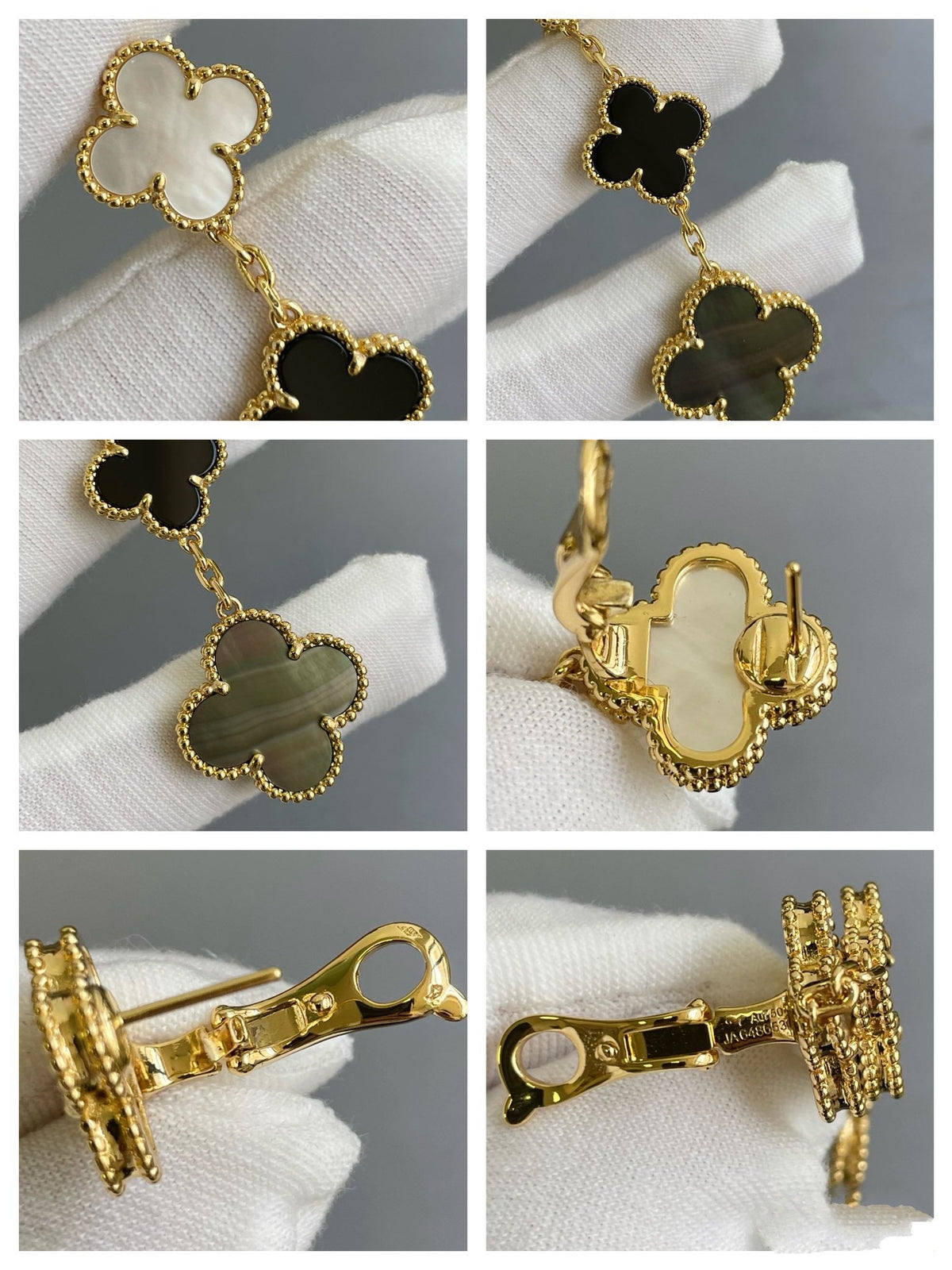 [Glow Muse]CLOVER 3 MOTIF MOP ONYX DARK MOP PINK GOLD EARRINGS