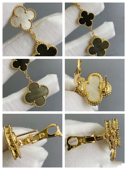 [Glow Muse]CLOVER 3 MOTIF MOP ONYX DARK MOP PINK GOLD EARRINGS