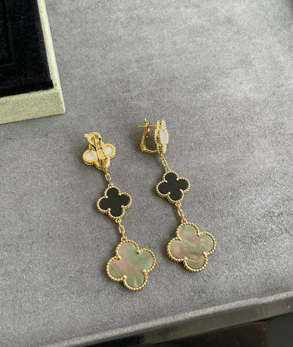 [Glow Muse]CLOVER 3 MOTIF MOP ONYX DARK MOP PINK GOLD EARRINGS