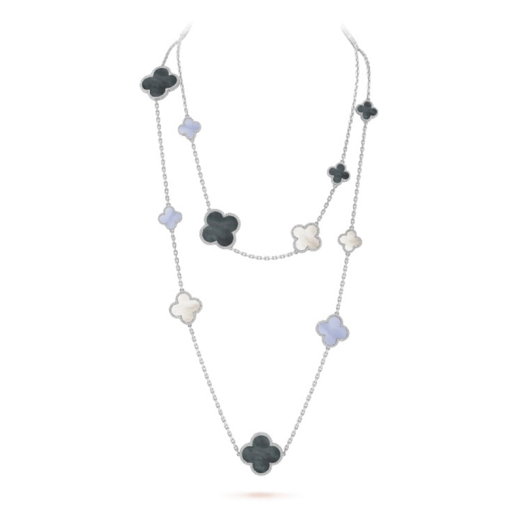[Glow Muse]CLOVER 16 MOTIF CHALCEDONY MOP SILVER NECKLACE