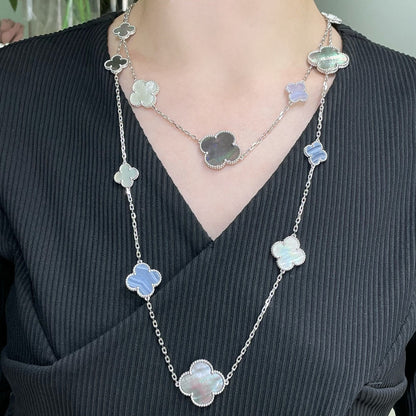 [Glow Muse]CLOVER 16 MOTIF CHALCEDONY MOP SILVER NECKLACE