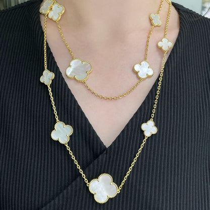[Glow Muse]CLOVER 16 MOTIF WHITE MOP GOLD NECKLACE