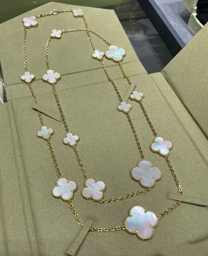 [Glow Muse]CLOVER 16 MOTIF WHITE MOP GOLD NECKLACE