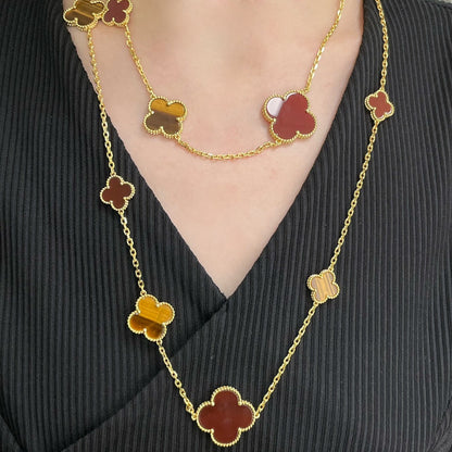 [Glow Muse]CLOVER 16 MOTIF CARNELIAN TIGER EYE ROSE GOLD NECKLACE